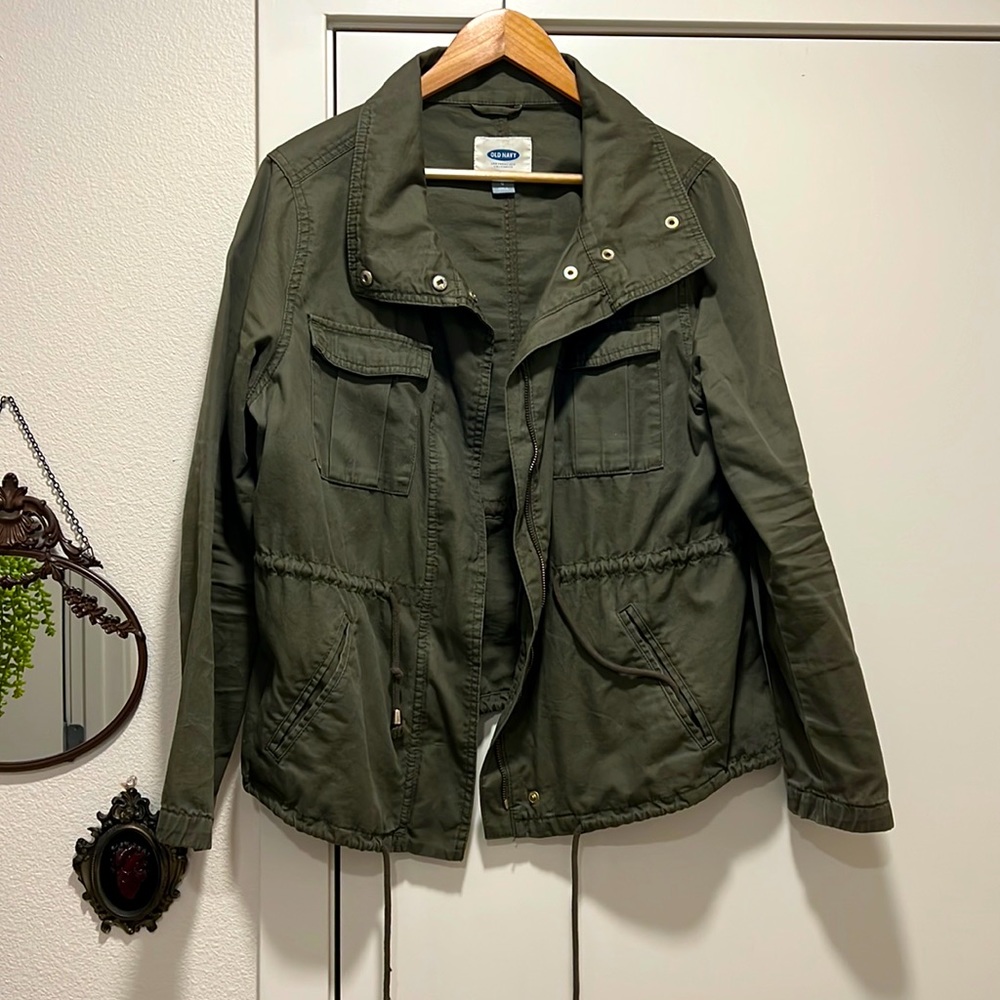 Zip Up / Button Military Anorak Jacket with Drawstring Waist